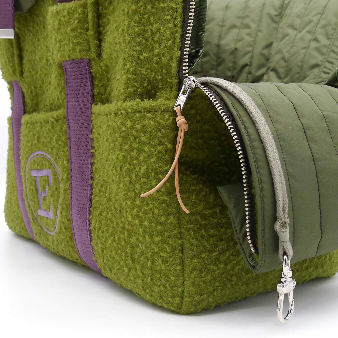 Designer dog bag luxury with quilted interior and custom strap