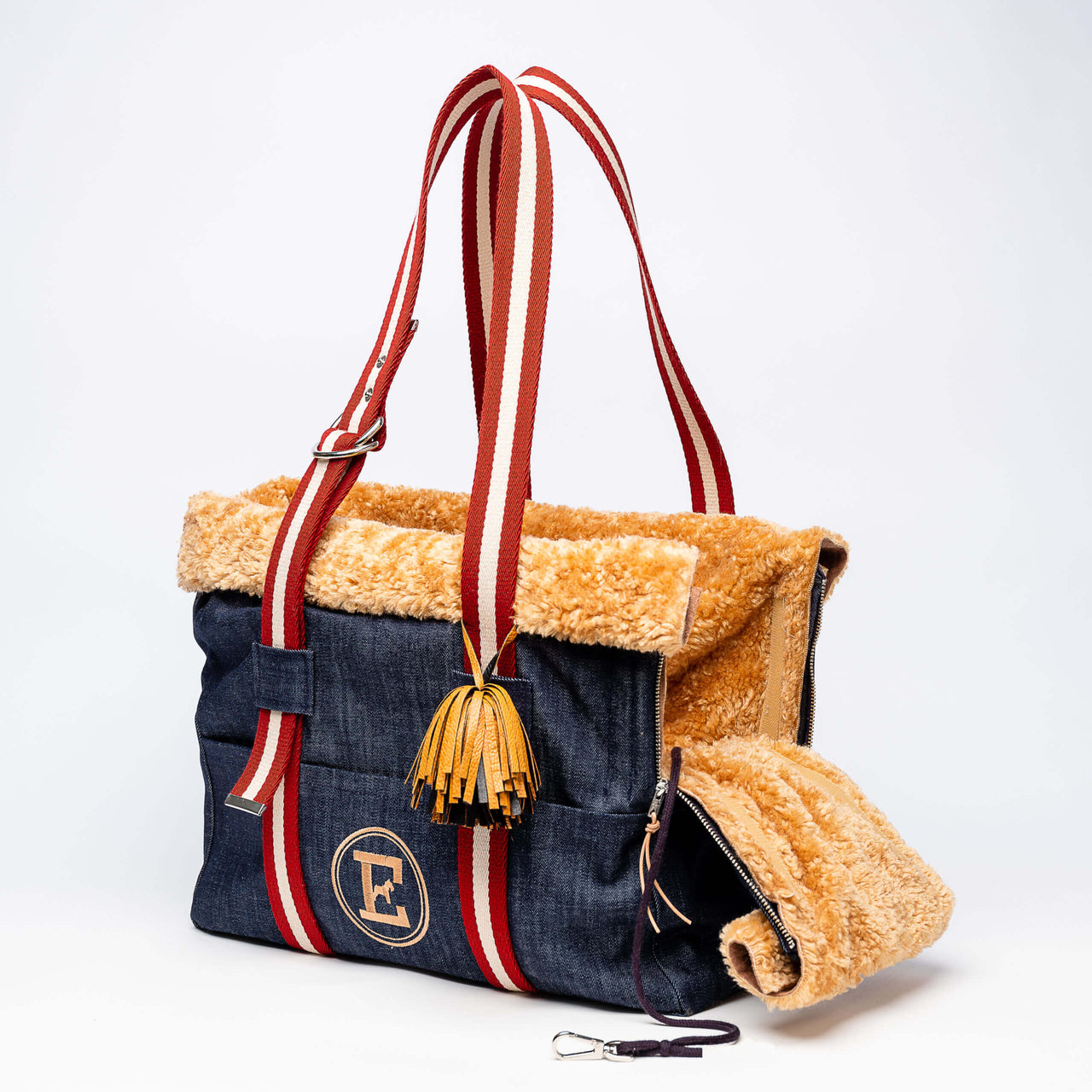 Reversible fur denim pet tote