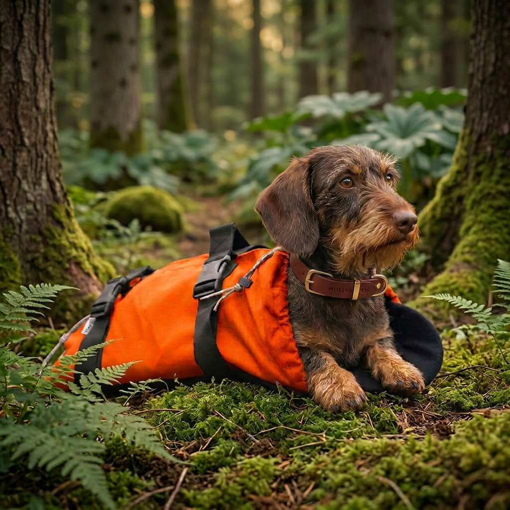 dachshund in special backpack walking hiking